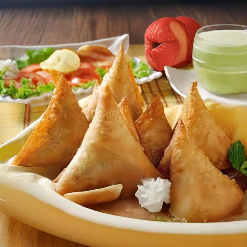 Golden-brown Pakistani samosas arranged on a platter with a side salad and green drink.